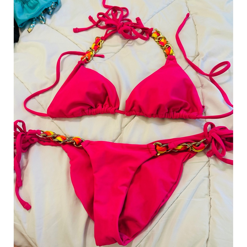 Beach Bunny Bronze Pink Bikini‎ Set Triangle Tie Gold Chain top xl bottom small